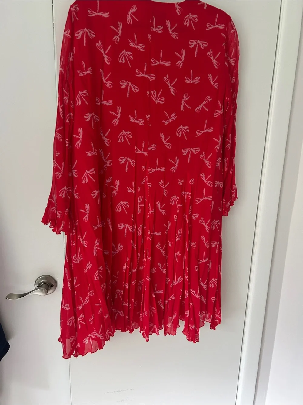 Red Dragonfly-Print Long Sleeve V-Neck Dress